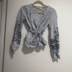 Striped Wrap Top with Embroidered Sleeves